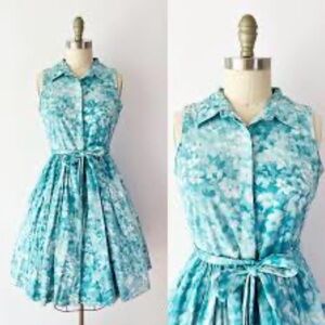 Talbots Shirt Dress Fit Flare 50s Preppy Midi Sleeveless‎ Rockabilly Blue 8